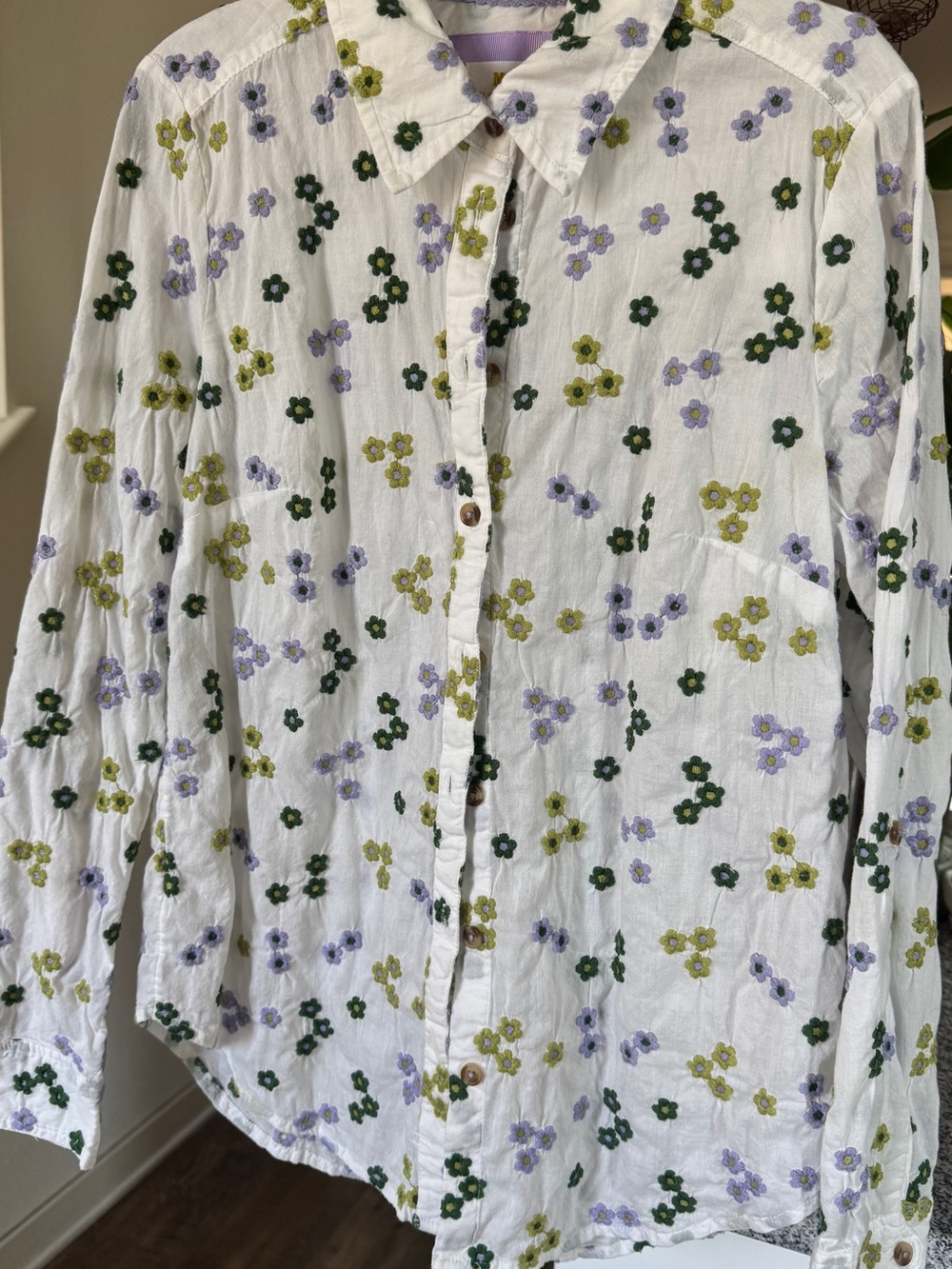 Anthropologie Maeve White Blouse with Green & Lavender Floral Embroidery